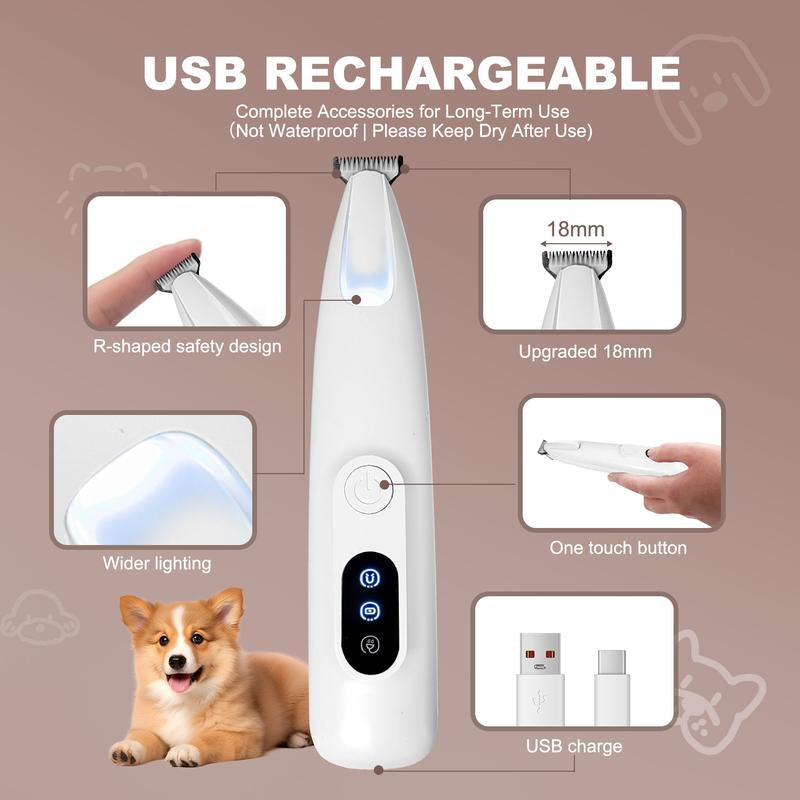 Professional Pet Grooming Trimmer with LED Light Low Noise USB Rechargeable for Safe Trimming on Paw Ear Face & More